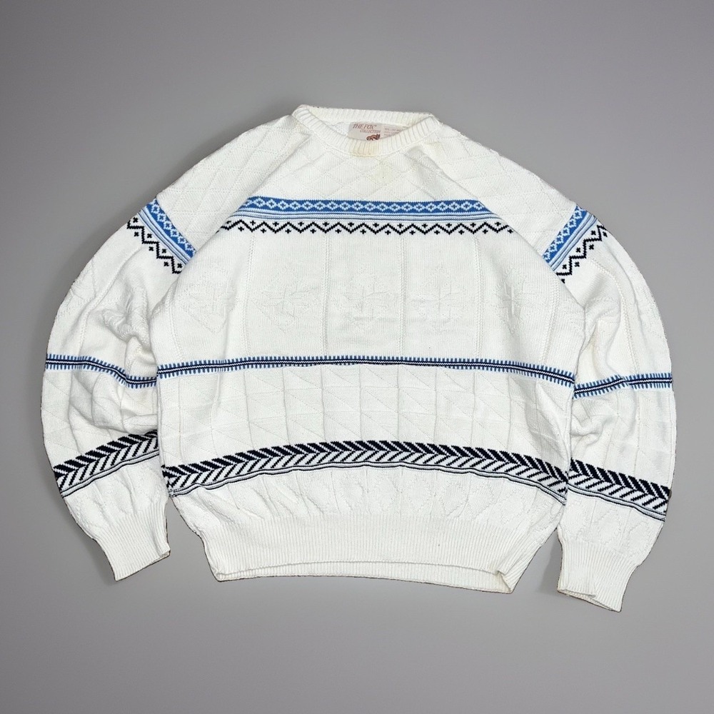 Vintage 80s The Fox Collection Mens White Blue Geometric Knit Pullover Sweater L